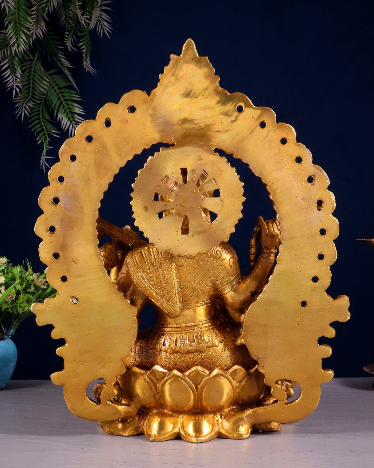 Pure Brass Goddess Saraswati with Prabhavali Arch Statue - 15" - Budhshiv.com