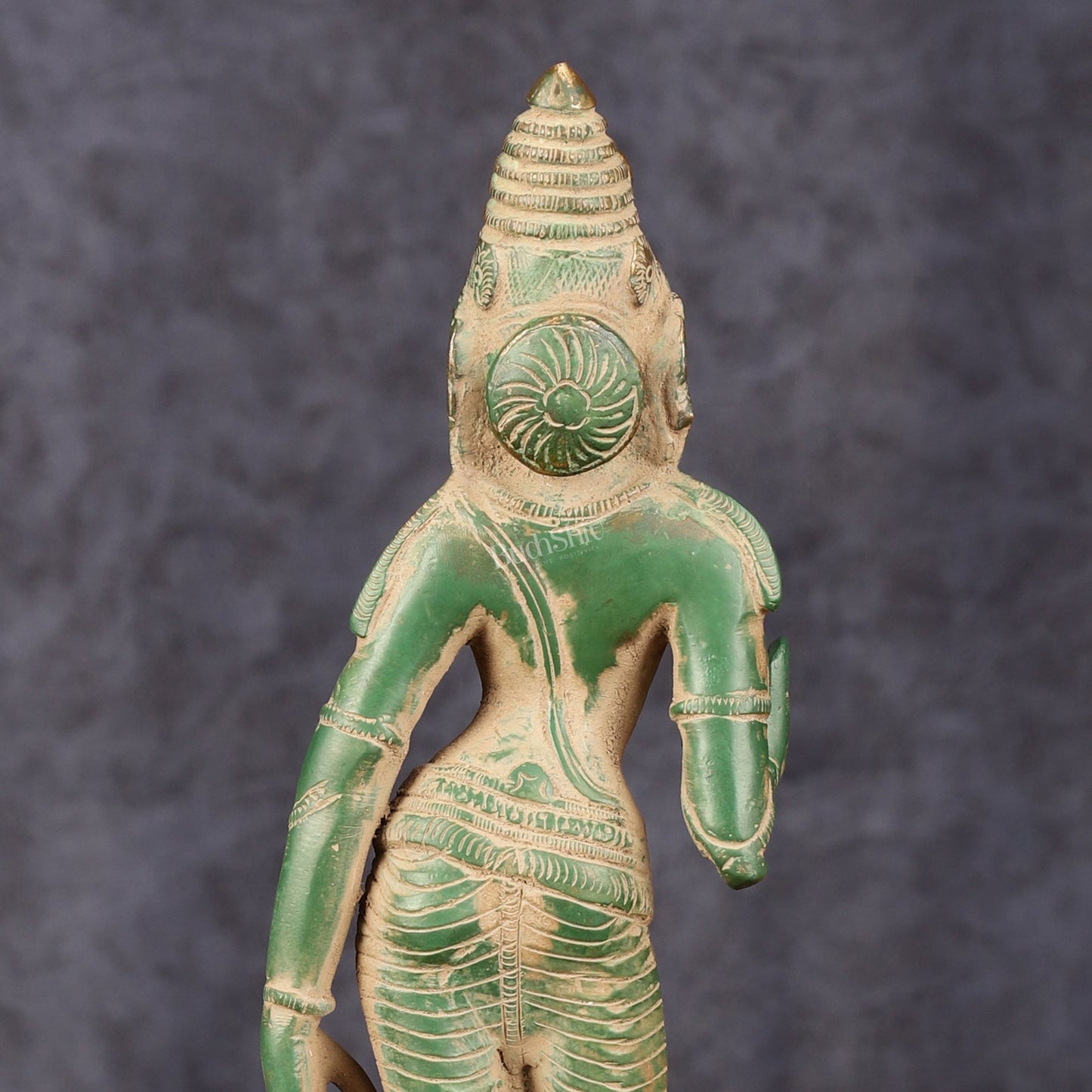 Pure Brass Goddess Uma Parvati Standing Idol in Green Antique Patina Finish - 10" Tall - Budhshiv.com
