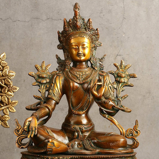 Pure Brass Green Tara Devi Statue - Nepali Orange Finish, 13" Height - Budhshiv.com