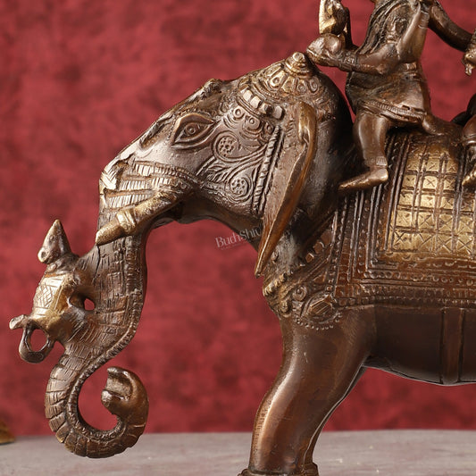 Pure Brass Handcrafted Ganesha with Riddhi Siddhi on Elephant Statue - 7.5" antique brown - Budhshiv.com