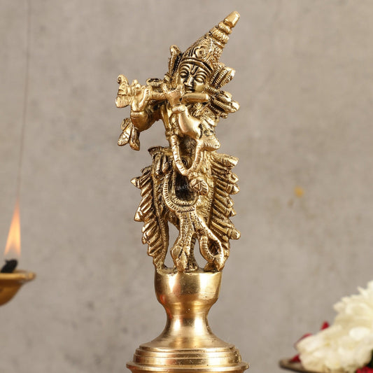 Pure Brass Handcrafted Hand Bell with Krishna - 7 in Height - Budhshiv.com