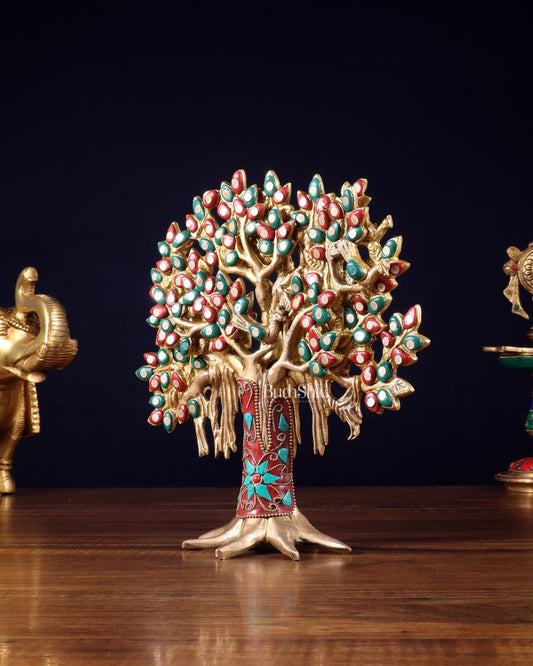 Pure Brass Handcrafted Kalpavriksha Tree - Table Standing 9" stonework - Budhshiv.com