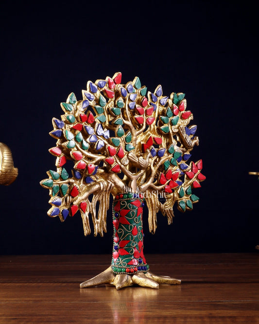 Pure Brass Handcrafted Kalpavriksha Tree - Table Standing 9" stonework - Budhshiv.com