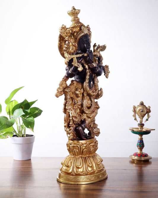Pure Brass Handcrafted Krishna Statue – 21" black and gold finish - Budhshiv.com