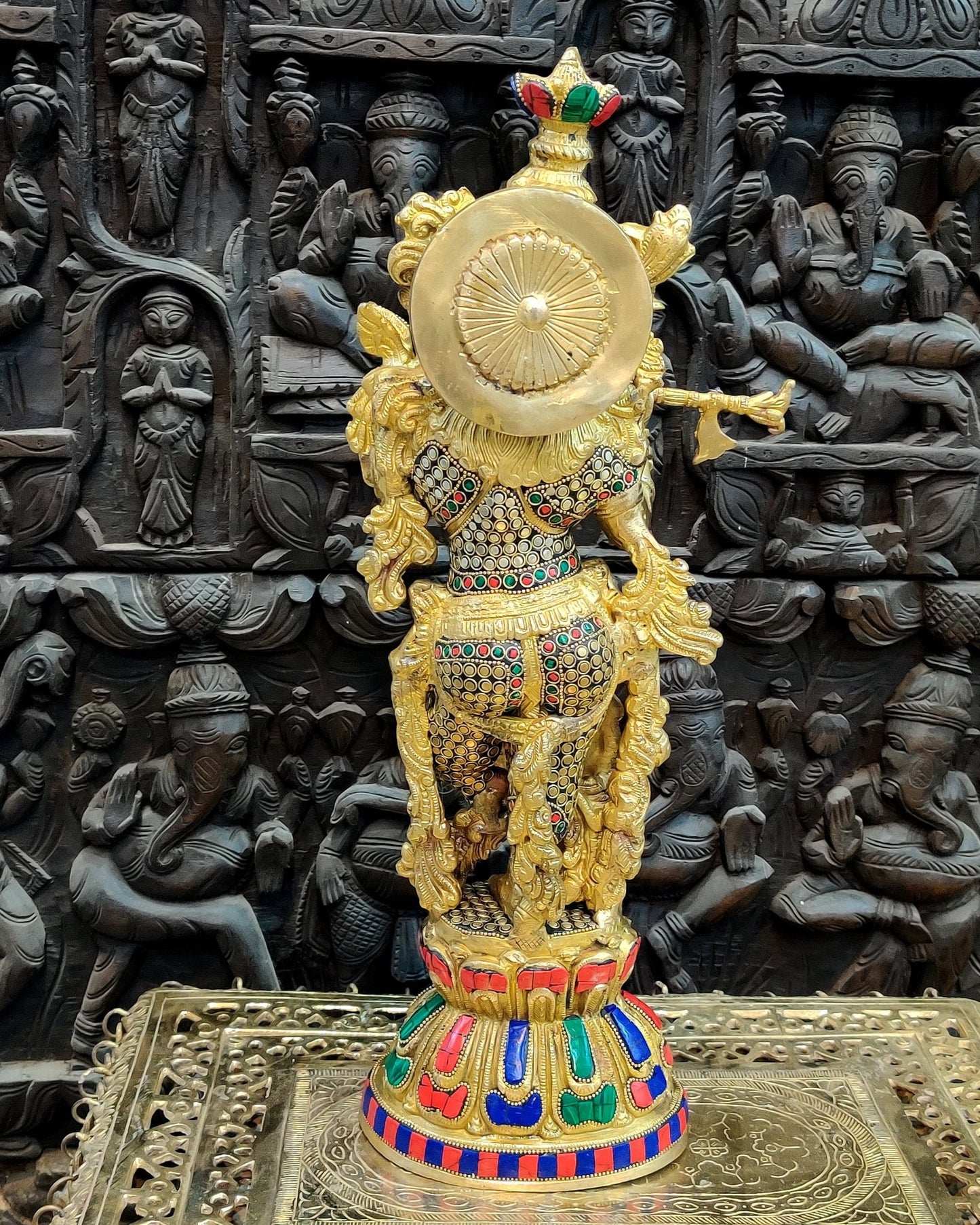 Pure Brass Handcrafted Krishna Statue - 21" with Intricate Stonework - Budhshiv.com