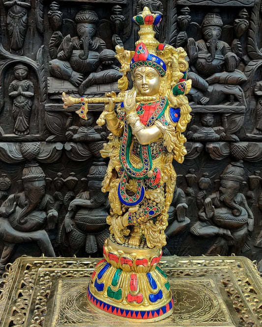 Pure Brass Handcrafted Krishna Statue - 21" with Intricate Stonework - Budhshiv.com