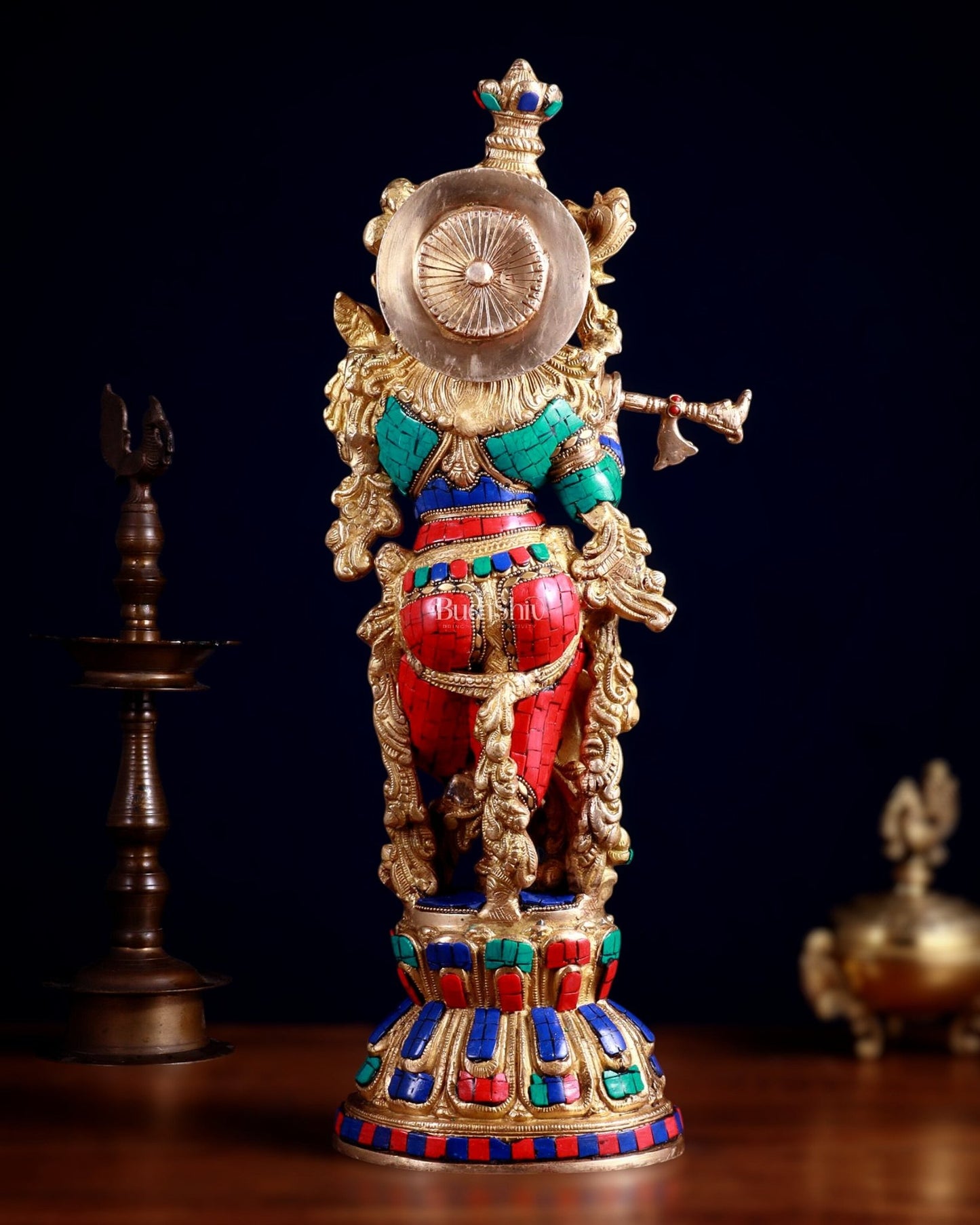 Pure Brass Handcrafted Krishna Statue with Stonework, 21" Height - Budhshiv.com