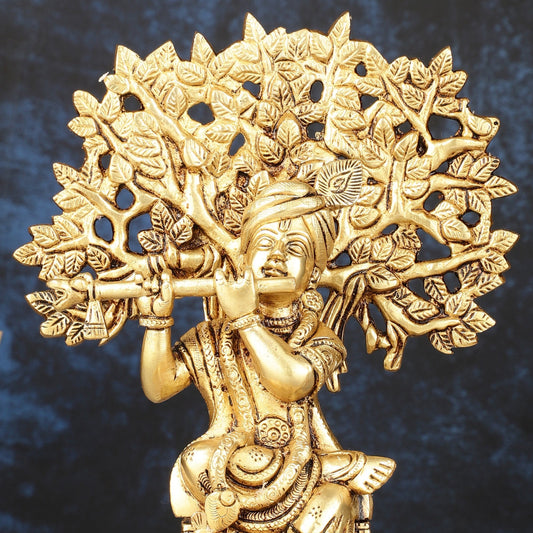 Pure Brass Handcrafted Lord Krishna Sitting with Kalpavriksha Tree Idol | 8" - Budhshiv.com