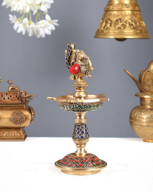 Pure Brass Handcrafted Superfine Peacock Samai Panchdeepam with Meenakari Stonework 8" - Budhshiv.com