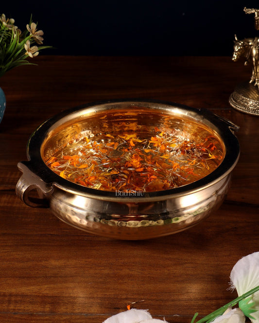 Pure brass handcrafted urli with hammered finish and side handles - Budhshiv.com