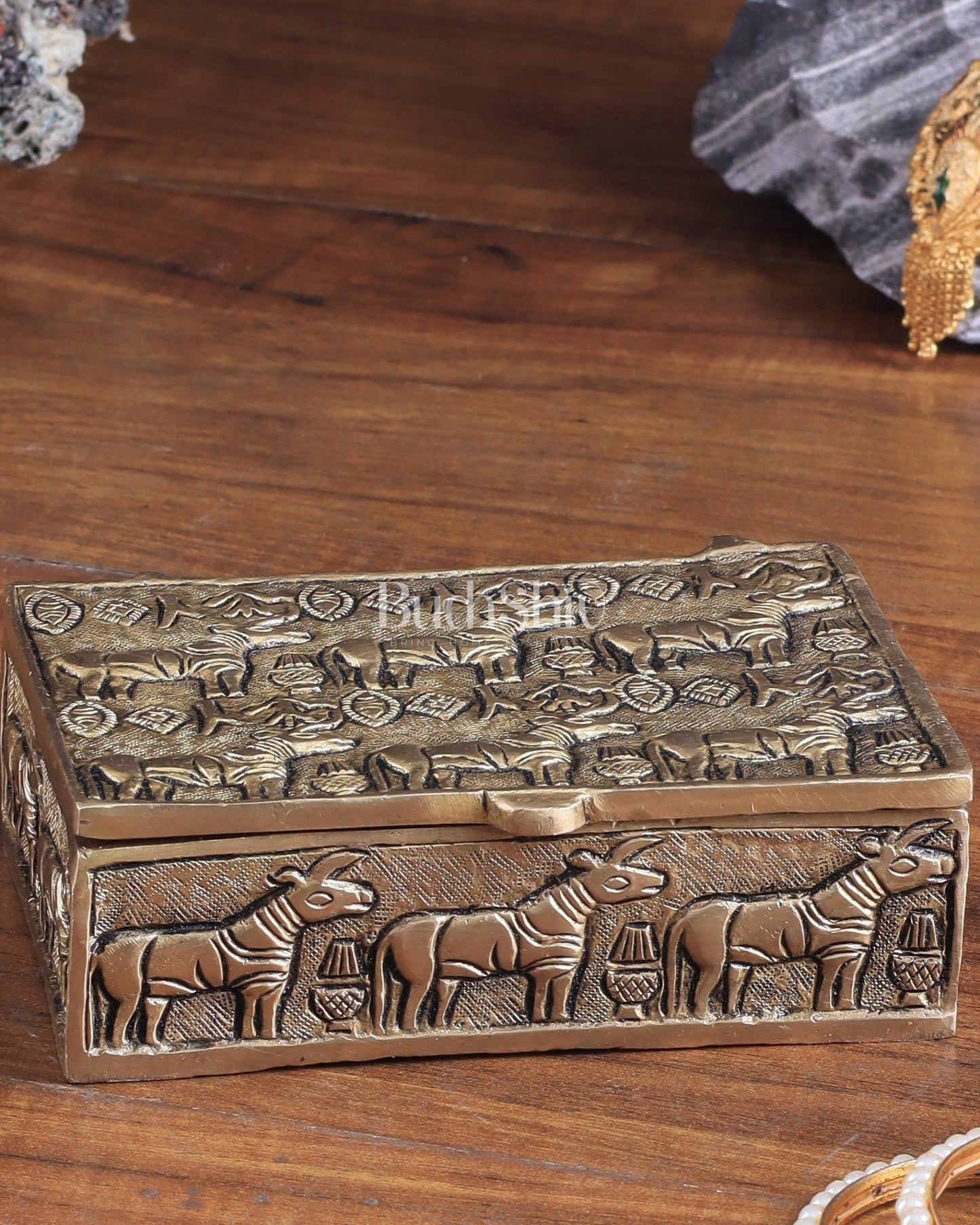 Pure Brass Harappa Design Multipurpose Storage Box - Budhshiv.com