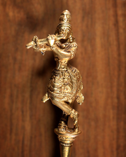 Pure Brass Hawan Spoon Krishna Design | Ritual Puja Accessory | 10.6 Inch - Budhshiv.com