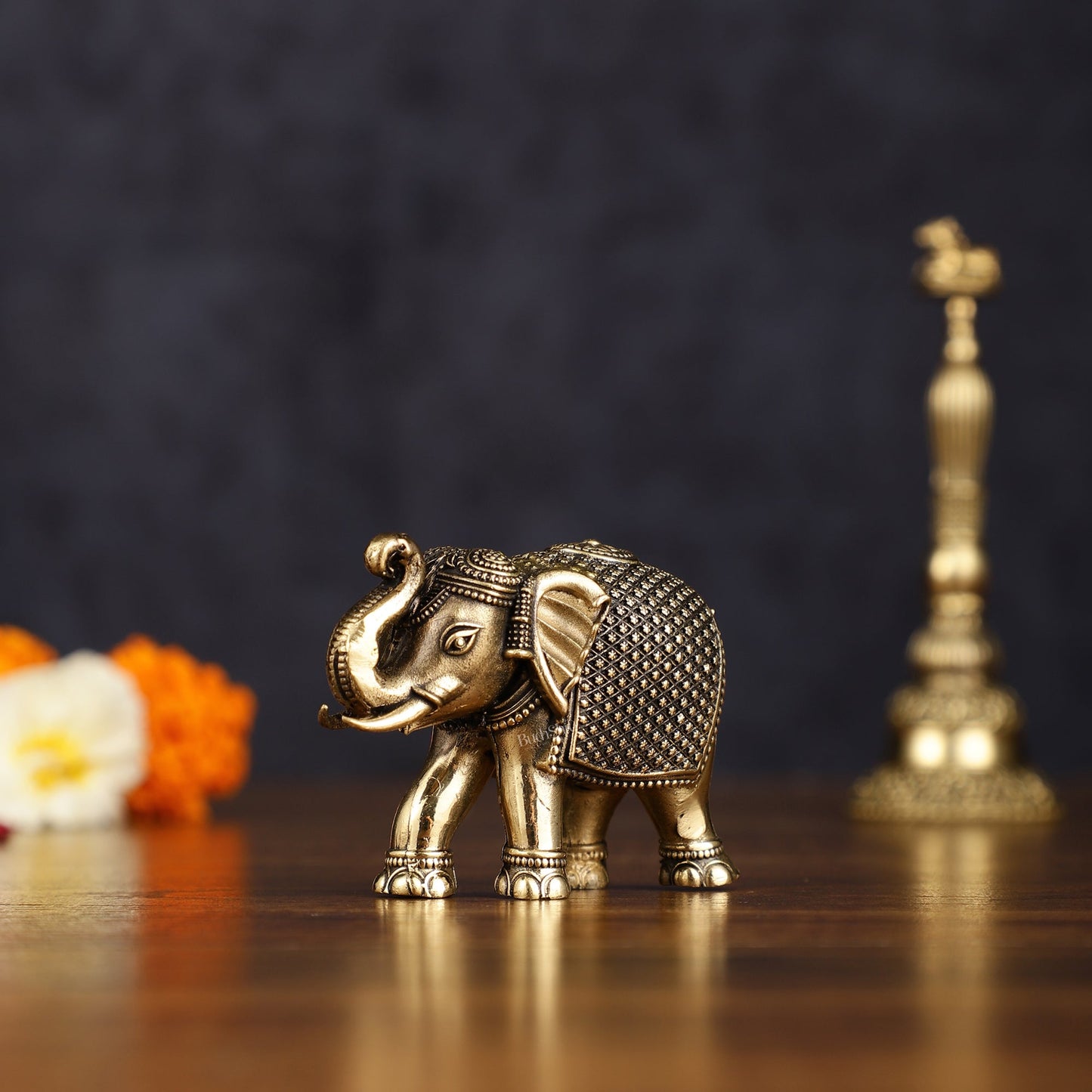 Pure Brass Intricately Carved Elephant Statue Miniature - 2 Inch - Budhshiv.com