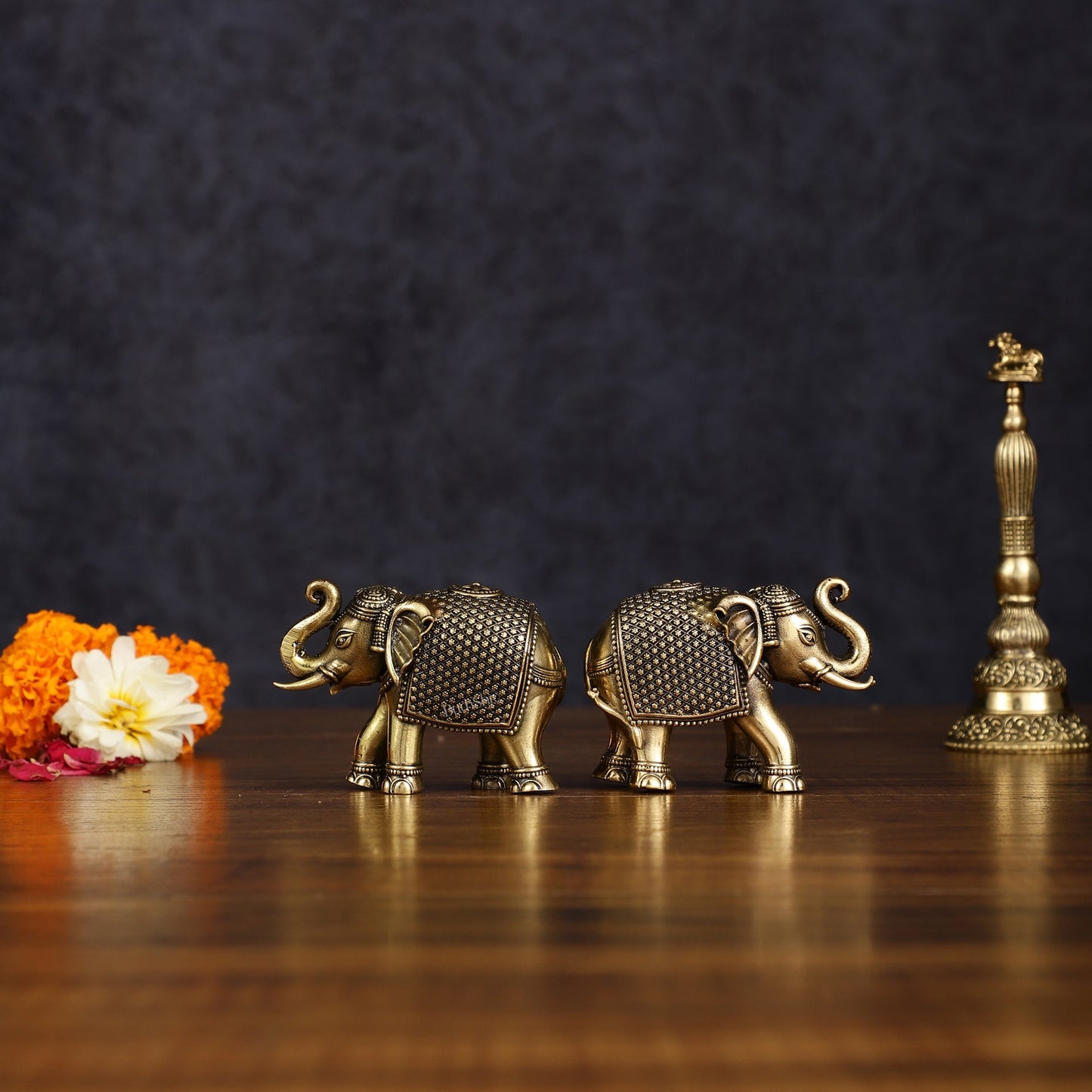 Pure Brass Intricately Carved Elephant Statue Miniature - 3 Inch pair - Budhshiv.com