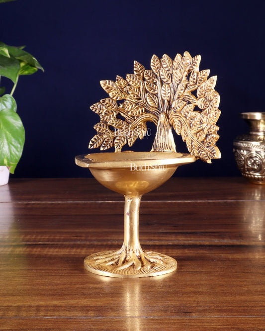 Pure Brass Kalpavriksha Tree Oil Lamp (Diya) 6.5 inch - Budhshiv.com