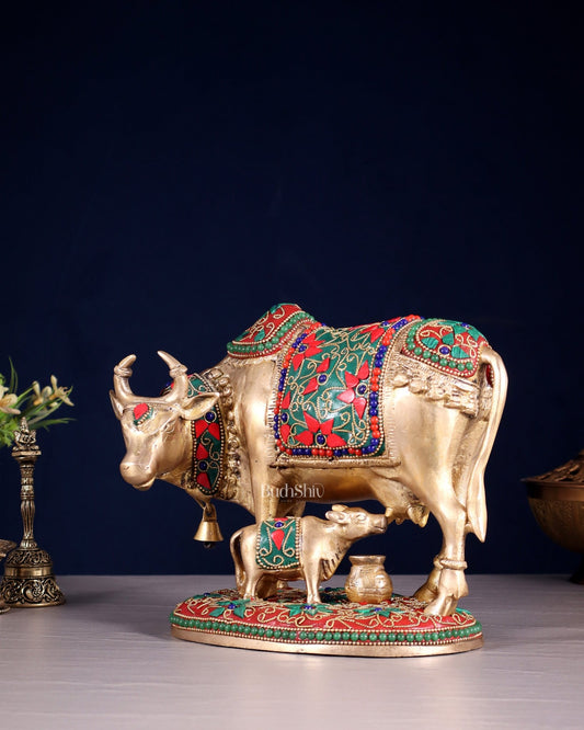 Pure Brass Kamdhenu Cow with Calf Idol – 8" floral stonework - Budhshiv.com