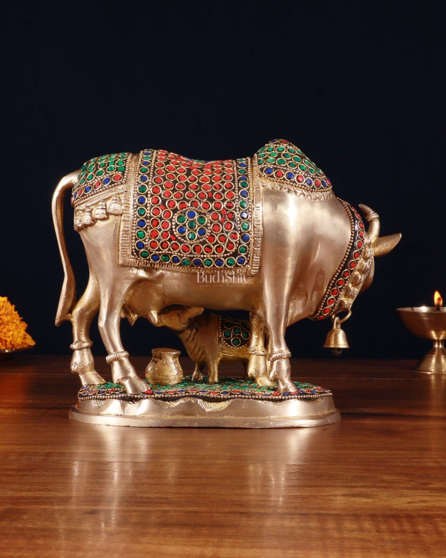 Pure Brass Kamdhenu Cow with Calf Idol – 8 inch with stonework - Budhshiv.com