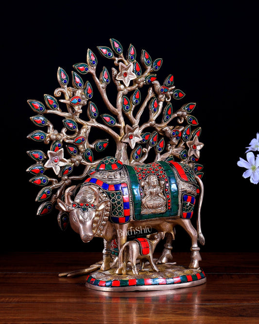 Pure Brass Kamdhenu Cow with Calf & Kalpavriksha Tree Combo (Stonework) 13 inch - Budhshiv.com