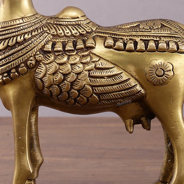 Pure Brass Kamdhenu Cow with Wings & Goddess Face – 6x6x2.5 Inch - Budhshiv.com