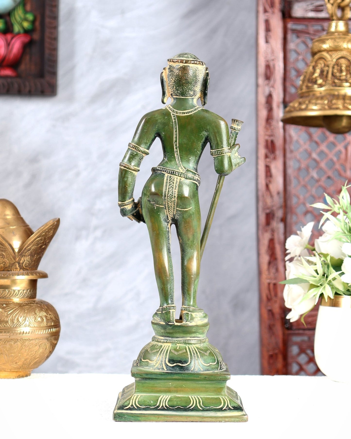 Pure Brass Kartikeya Palani Murugan KumaraSwamy Idol | 11 Inch Green tone - Budhshiv.com