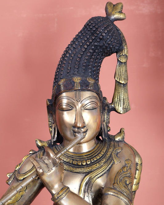 Pure Brass Kerala - Style Krishna Statue with Unique Crown – Three - Tone Finish 32 Inch - Budhshiv.com