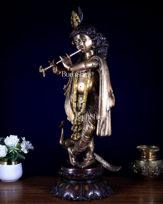 Pure Brass Krishna statue smiling face three tone finish 27 inch - Budhshiv.com
