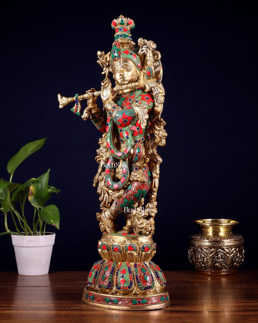 Pure Brass Krishna Statue with floral Stonework, 21" Height - Budhshiv.com