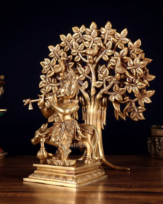 Pure Brass Krishna with Cow & Kalpavriksha Tree Combo 12 inch - Budhshiv.com