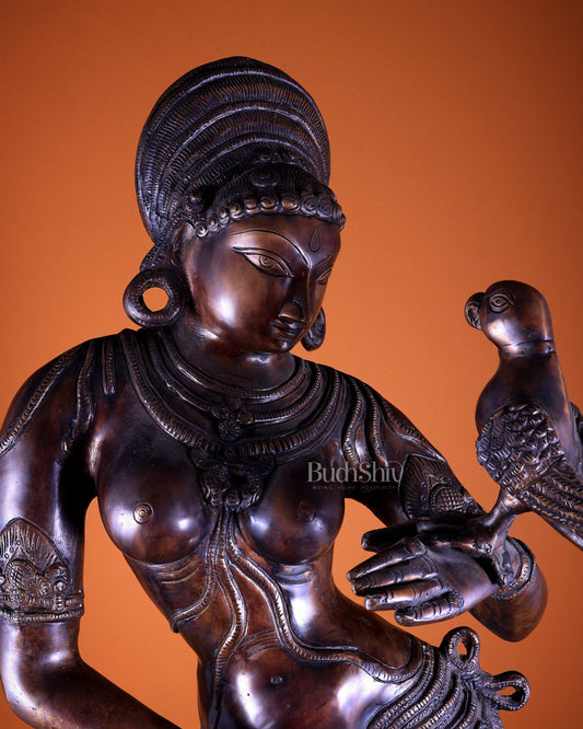 Pure Brass Lady Holding Parrot Sculpture - 38" Chola tone - Budhshiv.com