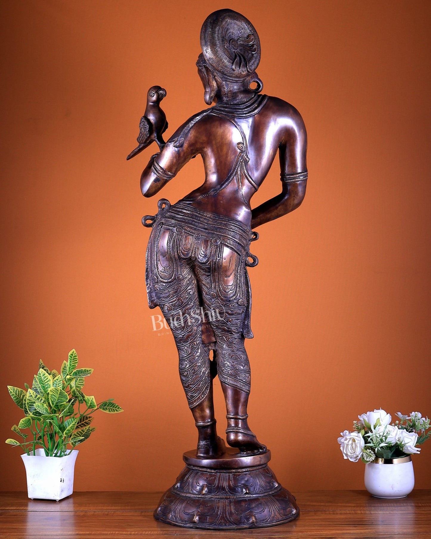 Pure Brass Lady Holding Parrot Sculpture - 38" Chola tone - Budhshiv.com