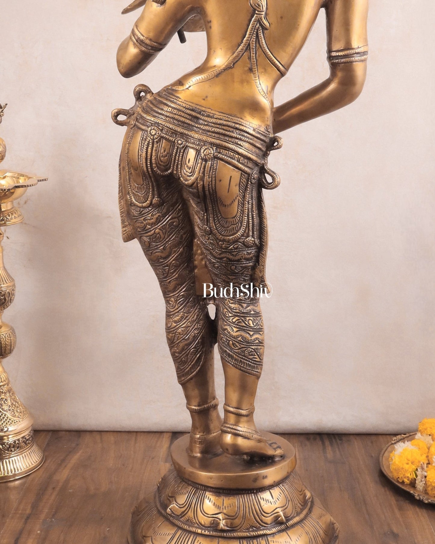 Pure Brass Lady Holding Parrot Sculpture - 38" - Budhshiv.com