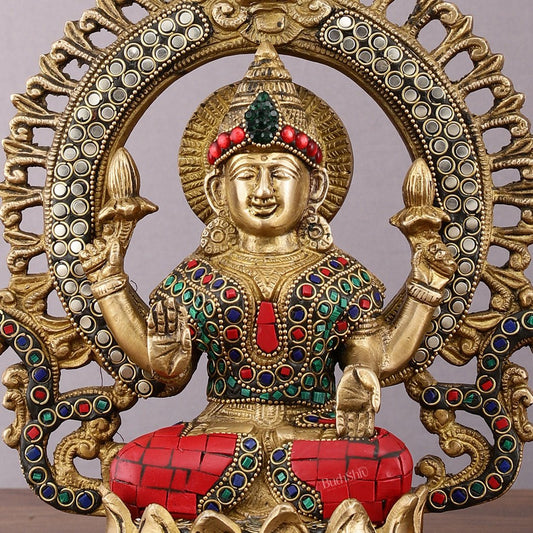 Pure Brass Lakshmi Idol with Meenakari Stonework 9.5" - Budhshiv.com