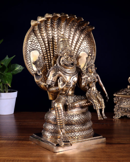 Pure Brass Lakshmi Narasimha Swamy Idol with Sheshanaag – 14 Inches - Budhshiv.com