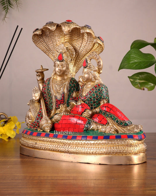 Pure Brass Lakshmi Narayan Resting on Sheshanaag Idol 10" with stonework - Budhshiv.com