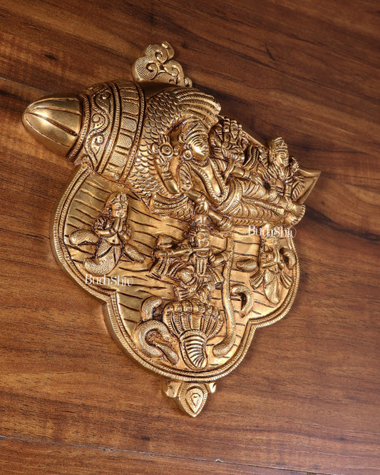 Pure Brass Lakshmi Narayana with Kalinga Krishna Carved on Shankh | Wall Hanging - Budhshiv.com