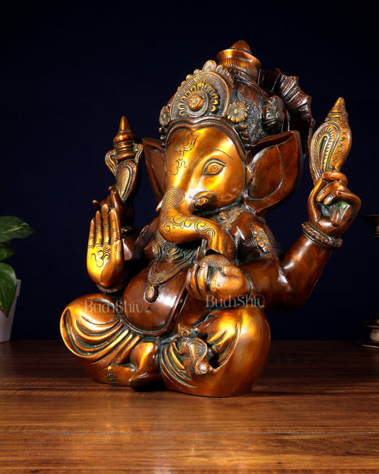 Pure Brass Large Crowned Ganesha Statue 15 inch - Budhshiv.com