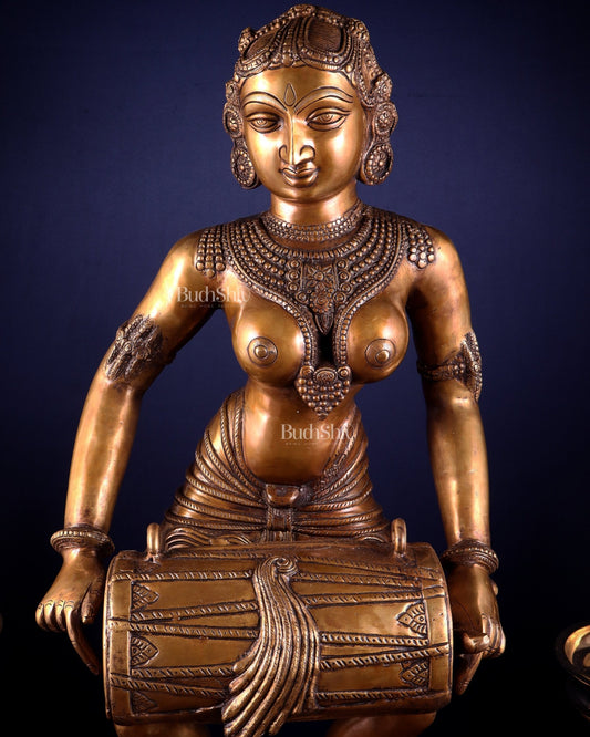 Pure Brass Large Dancing Indian Lady Playing Dholak Statue – 38 inch - Budhshiv.com