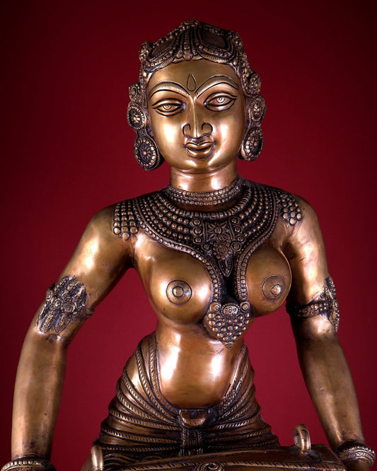 Pure Brass Large Dancing Lady Playing Dholak Statue – 38 inch - Budhshiv.com
