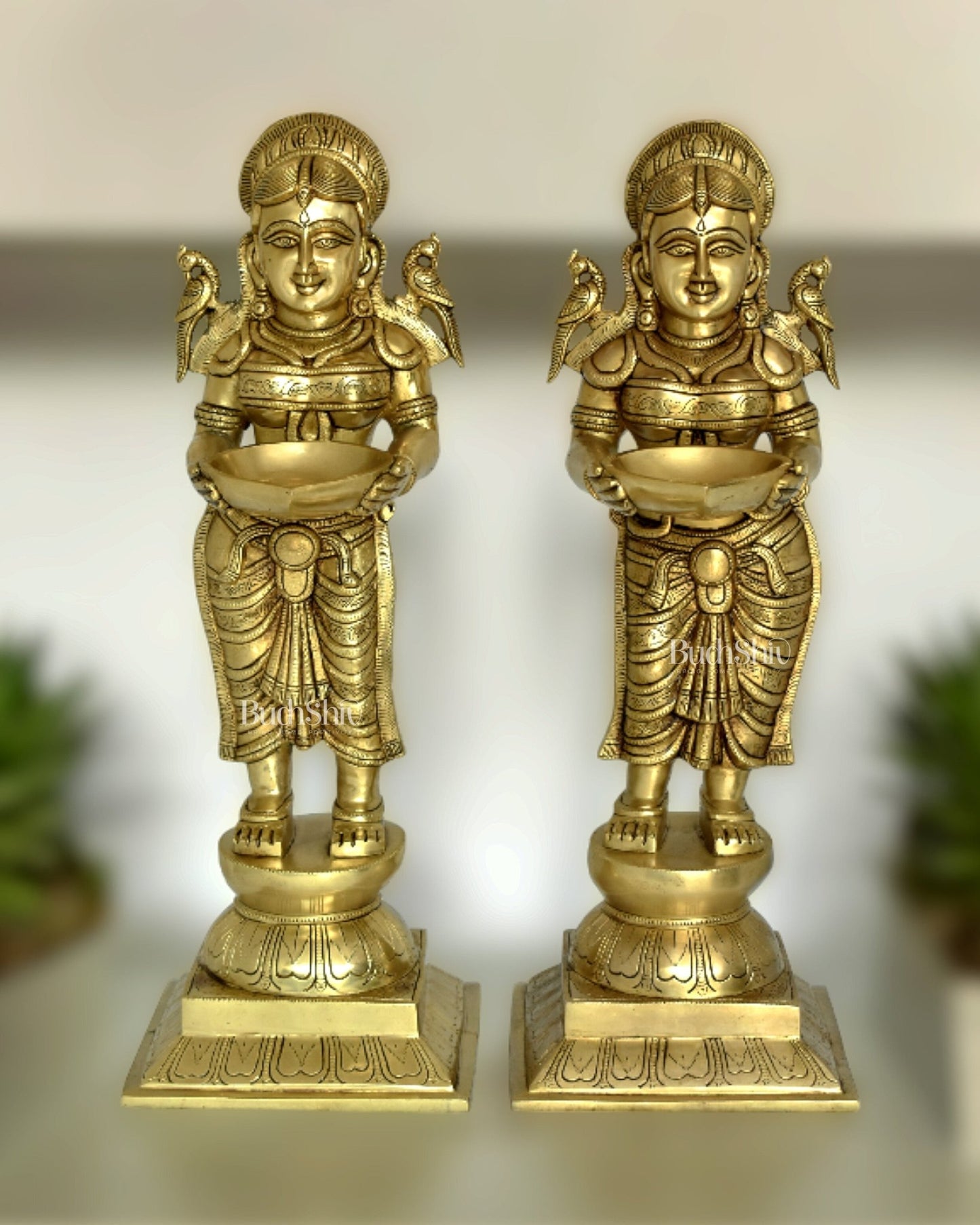Pure Brass Large Deep Lady Pair Pavaai vilakku 23" - Budhshiv.com