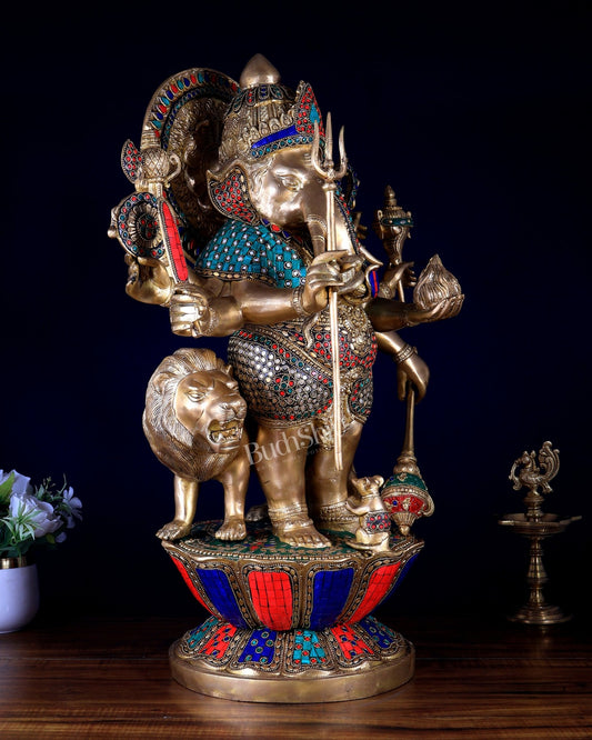 Pure Brass Large Drishti Ganesha Standing with Lion Statue 24" with stonework - Budhshiv.com