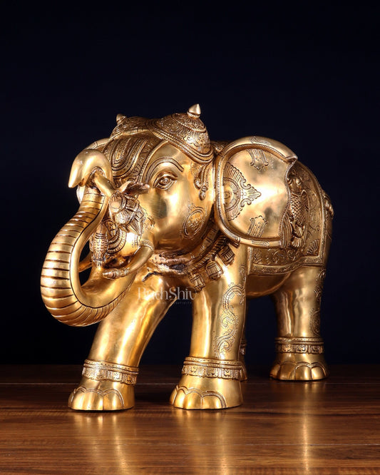 Pure Brass Large Elephant with trunk up Statue with Enhanced Carvings 26" - Budhshiv.com