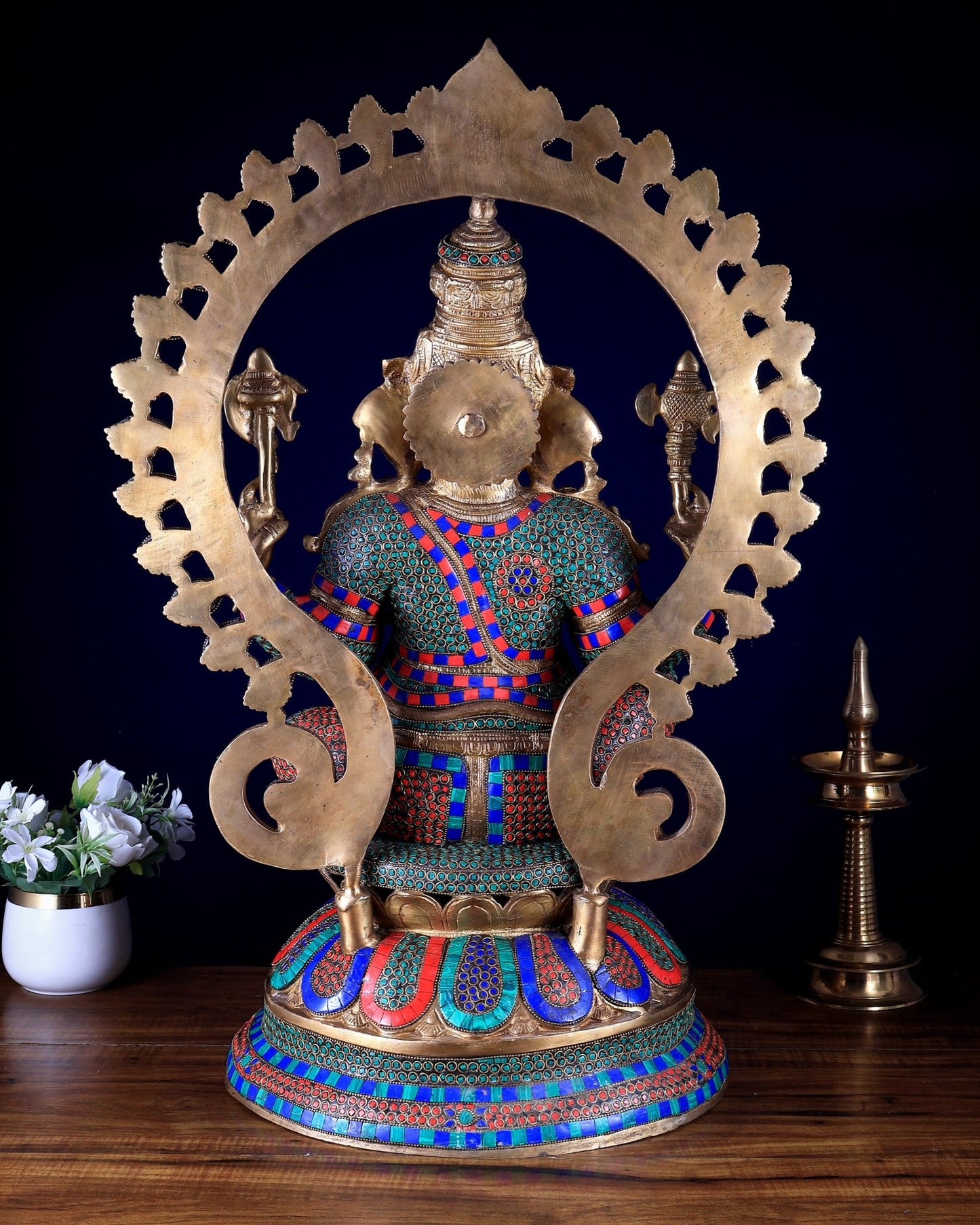 Pure Brass Large Ganesha Statue with Meenakari Stonework – 27" Tall - Budhshiv.com