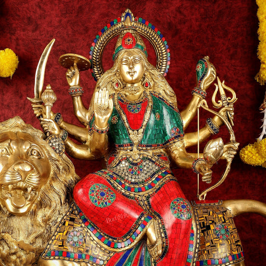 Pure Brass Large Goddess Durga Sherawali Mata Murti - 27 inch - Budhshiv.com