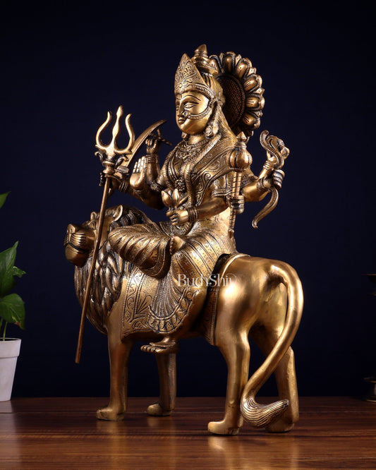 Pure Brass Large Goddess Durga Statue (Sherawali Mata) 18.5" - Budhshiv.com