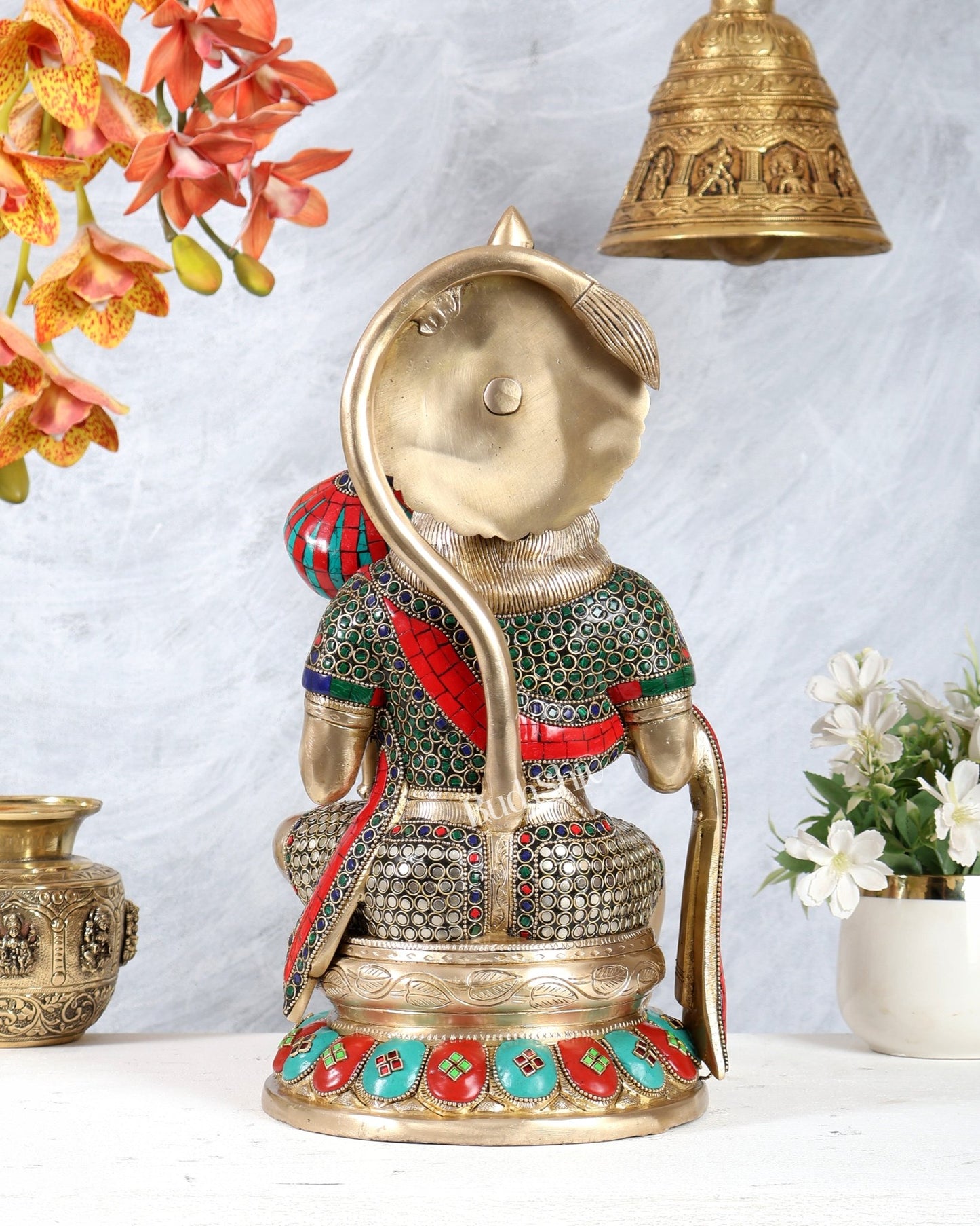 Pure Brass Large Hanuman Ji Idol | 15 Inch (38.1 cm) with meenakari Stonework - Budhshiv.com