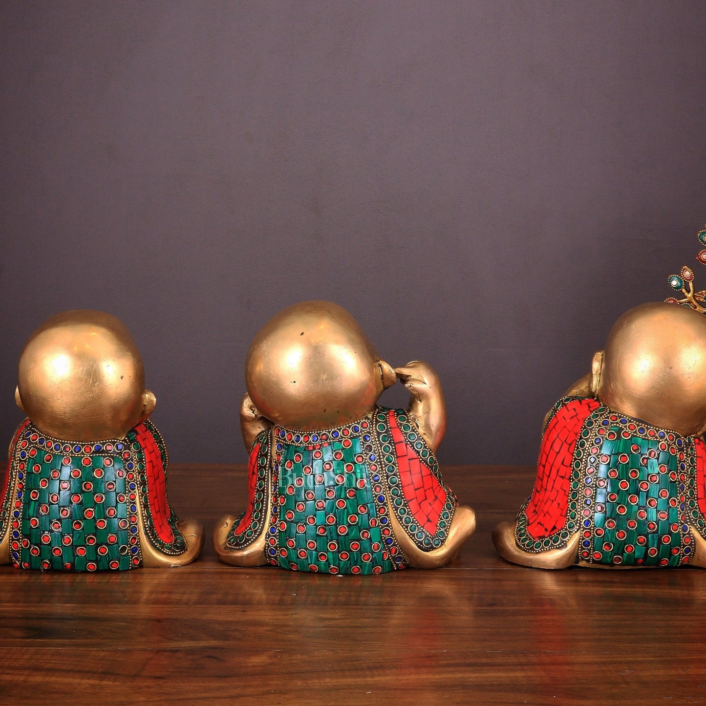 Pure Brass Large Happy Baby Monks Statues Set | 7.5 - inch with stonework - Budhshiv.com