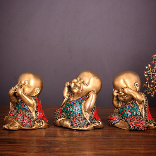 Pure Brass Large Happy Baby Monks Statues Set | 7.5 - inch with stonework - Budhshiv.com