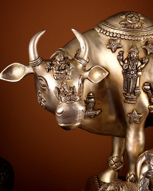 Pure Brass Large Kamdhenu Cow with Calf enhanced carvings 20 inch - Budhshiv.com