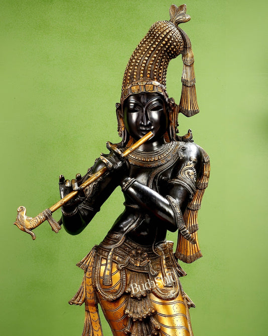 Pure brass large Krishna kerala style 36" black and golden tone - Budhshiv.com