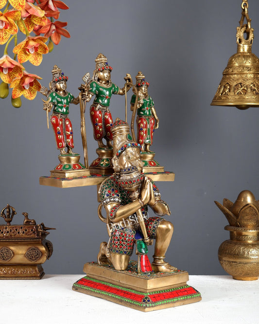 Pure Brass Large Lord Hanuman Carrying Rama, Lakshman, and Sita | Unique Ram Darbar Idol 18 inch with meenakari - Budhshiv.com